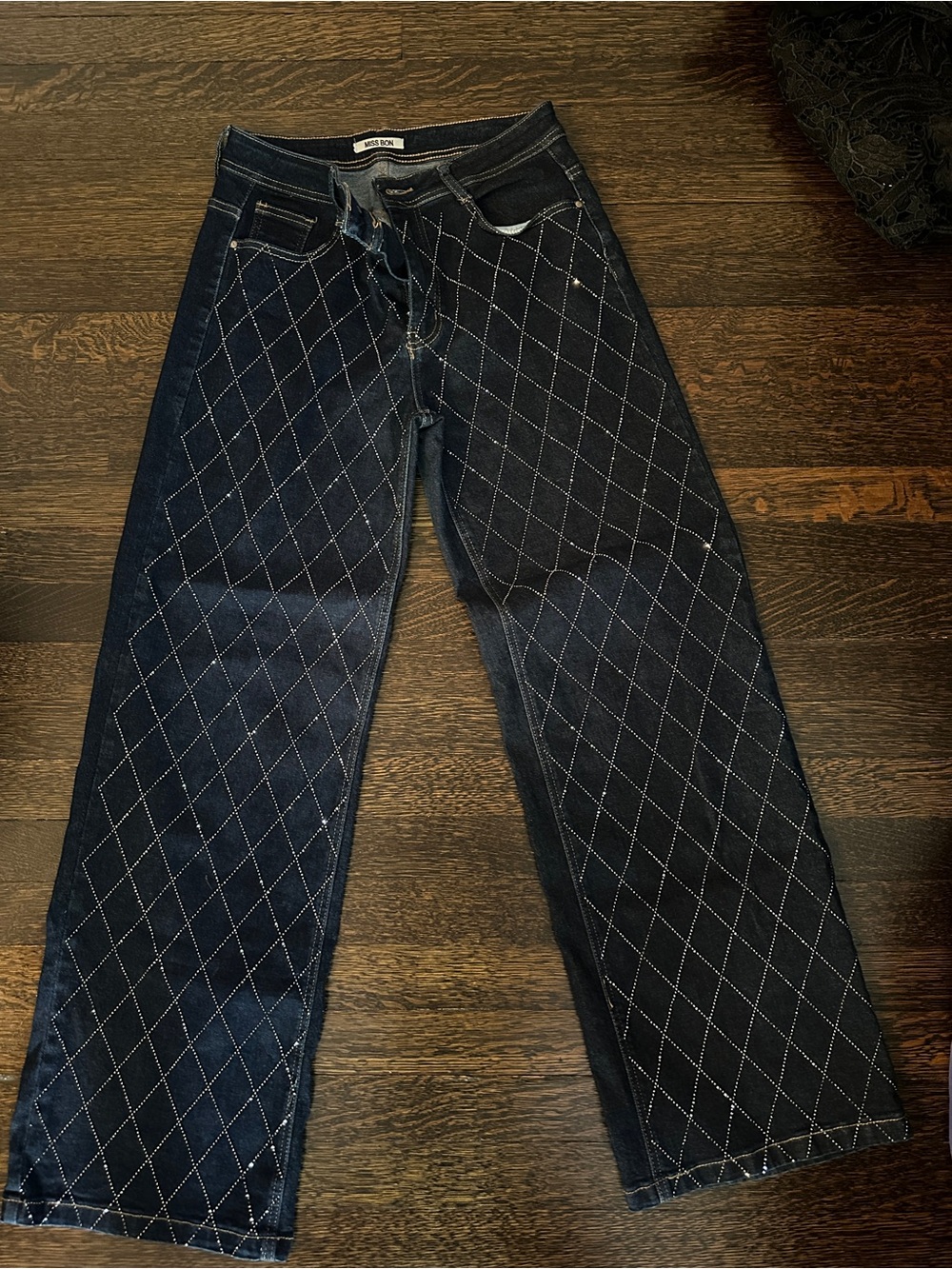 Dark Indigo Sparkling Diamond-Quilted Wide Leg Jeans